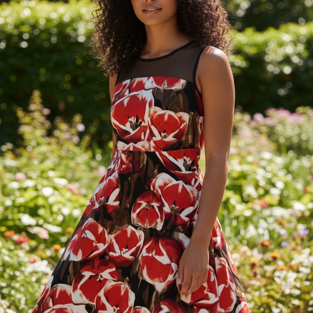Liz Claiborne Red and Black Floral Midi Dress